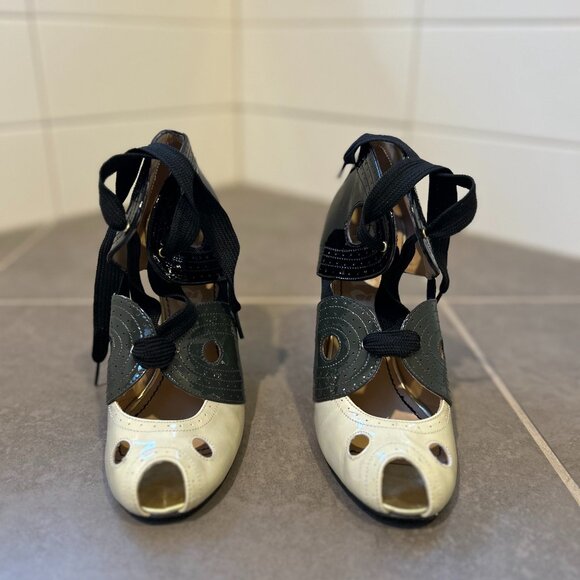 Galliano Patent Leather and Suede Open Toe Wedges Size EU 38 - Picture 1 of 6